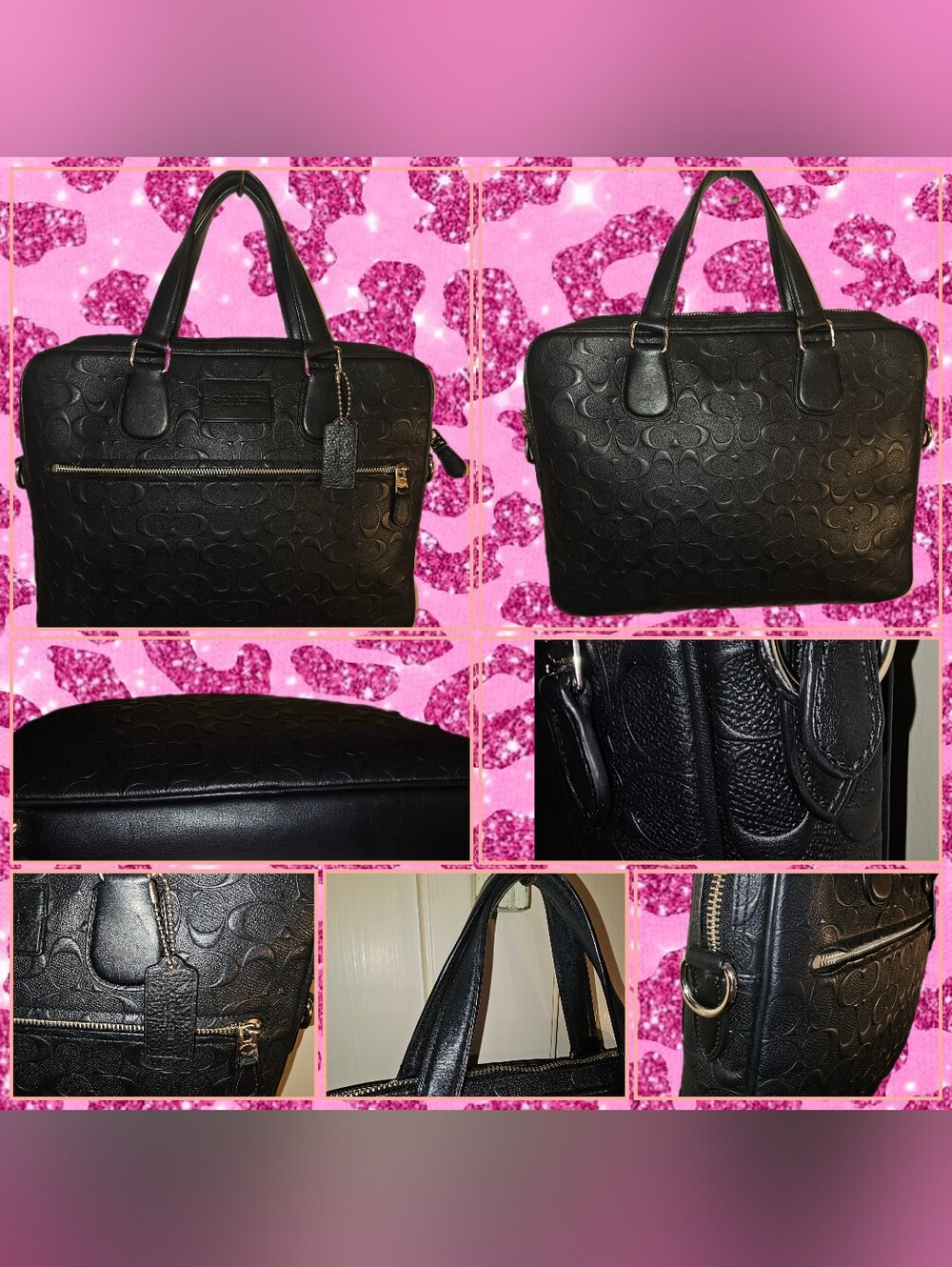 Coach Black Embossed Leather Laptop Bag with Gold Hardware